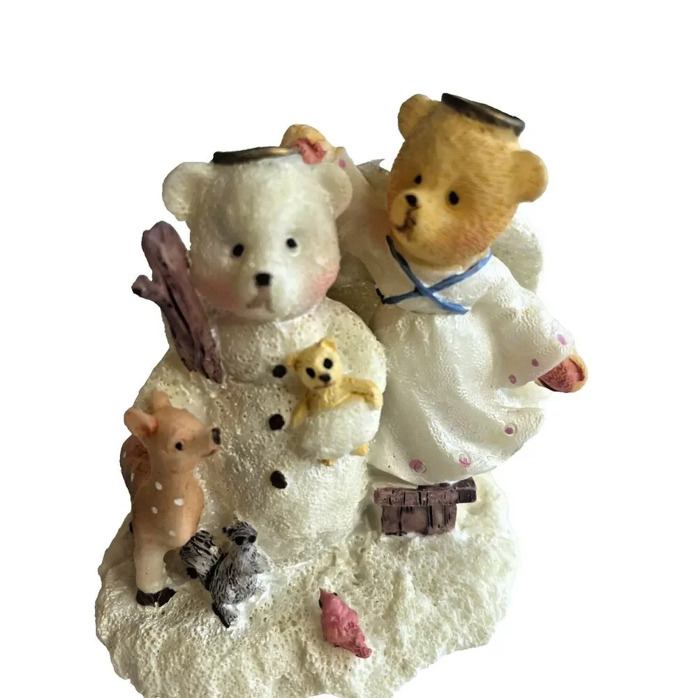 Vintage Christmas Angel Bears Figurines White Green Resin Set Of 3 Boxed 3 Inch